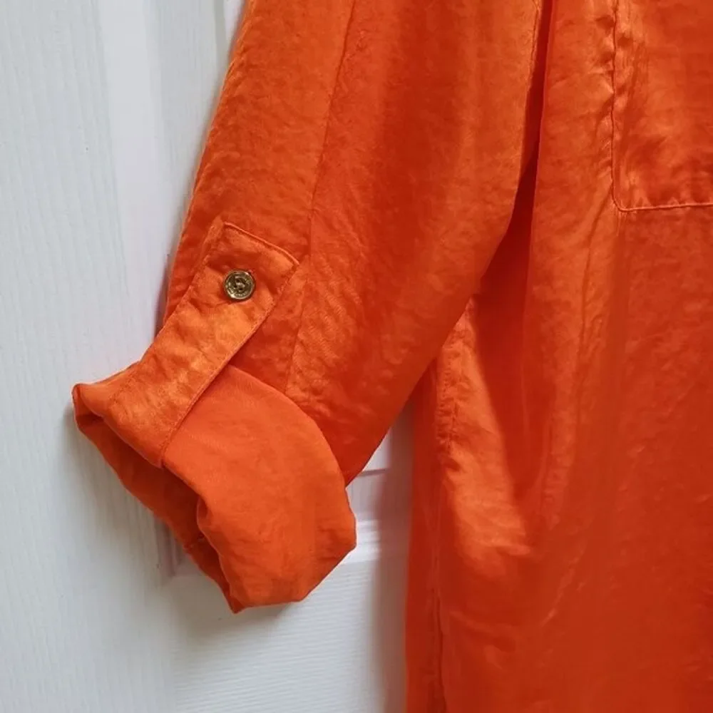 Michael Kors Button Up Roll Tab Slv Top Women Sz S Orange Crinkle Pockets Preppy